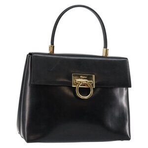 Salvatore Ferragamo Gancini Hand Bag Enamel 2way Black Gold
